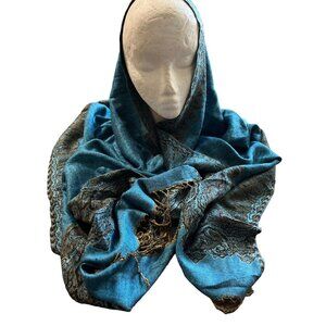 Pashmina blue black paisley Pashmina Silk blanket scarf with fringe